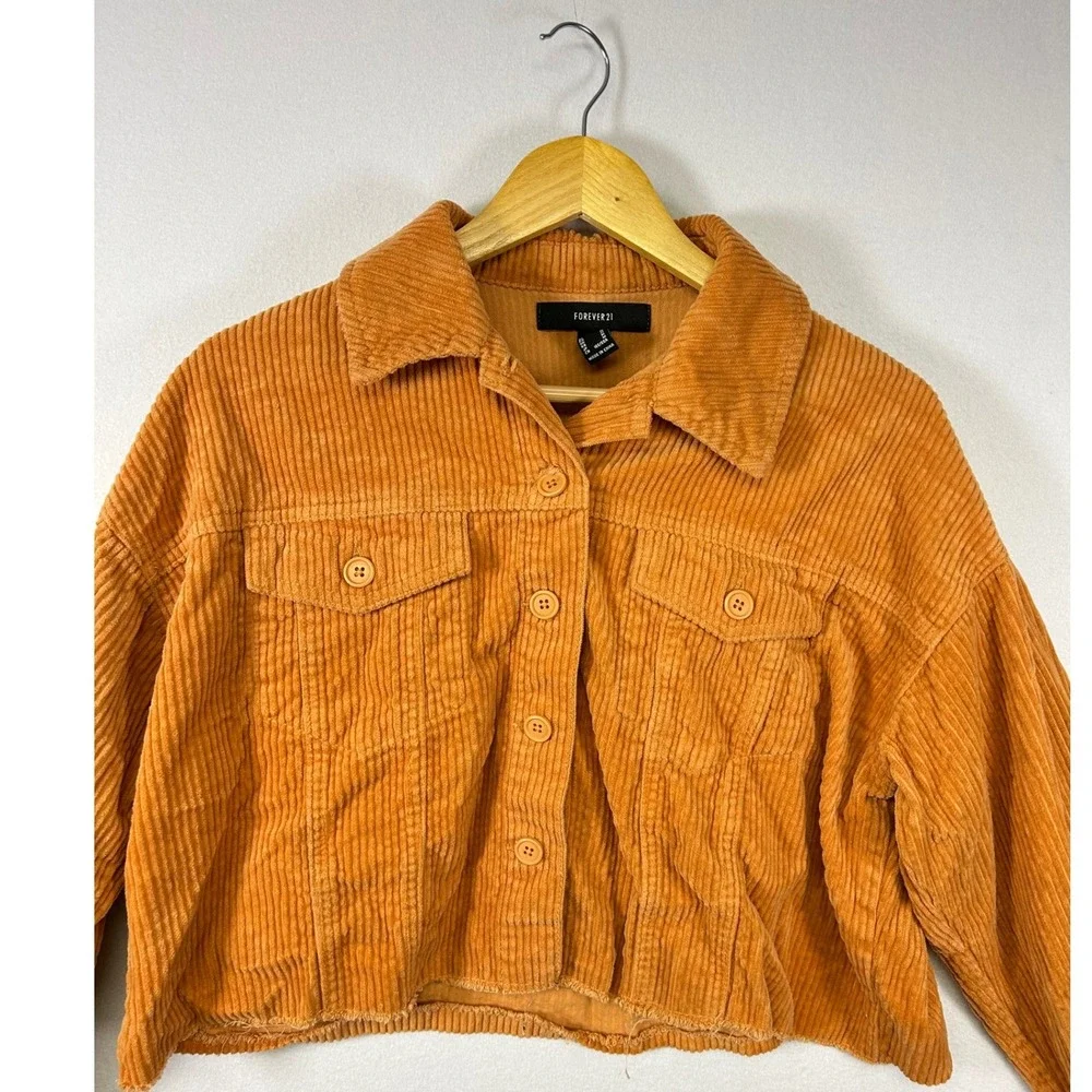 Forever 21 Corduroy Jacket Womens Medium Orange Cropped Raw Hem Button Up Boho - Picture 3 of 9